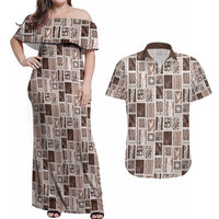 Vintage Aloha Block Quilt Couples Matching Off Shoulder Maxi Dress and Hawaiian Shirt Beige Inspired Lei Motifs - Polynesian Pride