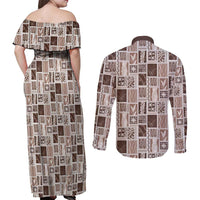 Vintage Aloha Block Quilt Couples Matching Off Shoulder Maxi Dress and Long Sleeve Button Shirt Beige Inspired Lei Motifs - Polynesian Pride