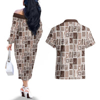 Vintage Aloha Block Quilt Couples Matching Off The Shoulder Long Sleeve Dress and Hawaiian Shirt Beige Inspired Lei Motifs - Polynesian Pride