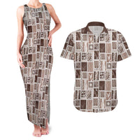 Vintage Aloha Block Quilt Couples Matching Tank Maxi Dress and Hawaiian Shirt Beige Inspired Lei Motifs - Polynesian Pride