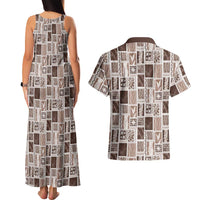 Vintage Aloha Block Quilt Couples Matching Tank Maxi Dress and Hawaiian Shirt Beige Inspired Lei Motifs - Polynesian Pride