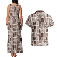 Vintage Aloha Block Quilt Couples Matching Tank Maxi Dress and Hawaiian Shirt Beige Inspired Lei Motifs - Polynesian Pride