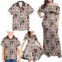 Vintage Aloha Block Quilt Family Matching Off Shoulder Maxi Dress and Hawaiian Shirt Beige Inspired Lei Motifs LT9 - Polynesian Pride