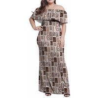 Vintage Aloha Block Quilt Family Matching Off Shoulder Maxi Dress and Hawaiian Shirt Beige Inspired Lei Motifs LT9 Mom's Dress Beige - Polynesian Pride