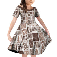 Vintage Aloha Block Quilt Family Matching Off Shoulder Short Dress and Hawaiian Shirt Beige Inspired Lei Motifs LT9 Daughter's Dress Beige - Polynesian Pride