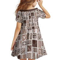 Vintage Aloha Block Quilt Family Matching Off Shoulder Short Dress and Hawaiian Shirt Beige Inspired Lei Motifs - Polynesian Pride