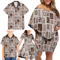 Vintage Aloha Block Quilt Family Matching Off Shoulder Short Dress and Hawaiian Shirt Beige Inspired Lei Motifs - Polynesian Pride