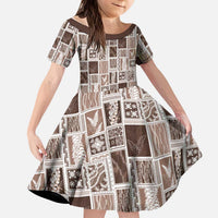 Vintage Aloha Block Quilt Kid Short Sleeve Dress Beige Inspired Lei Motifs LT9 KID Beige - Polynesian Pride
