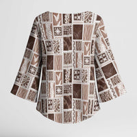 Vintage Aloha Block Quilt Kimono Sleeve Blouse Beige Inspired Lei Motifs - Polynesian Pride