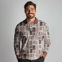 Vintage Aloha Block Quilt Long Sleeve Polo Shirt Beige Inspired Lei Motifs LT9 - Polynesian Pride