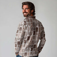 Vintage Aloha Block Quilt Long Sleeve Polo Shirt Beige Inspired Lei Motifs LT9 - Polynesian Pride