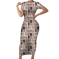 Vintage Aloha Block Quilt Short Sleeve Bodycon Dress Beige Inspired Lei Motifs LT9 Long Dress Beige - Polynesian Pride
