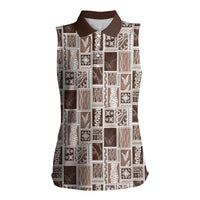 Vintage Aloha Block Quilt Women Sleeveless Polo Shirt Beige Inspired Lei Motifs LT9 Female Beige - Polynesian Pride