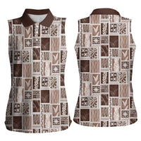 Vintage Aloha Block Quilt Women Sleeveless Polo Shirt Beige Inspired Lei Motifs LT9 - Polynesian Pride