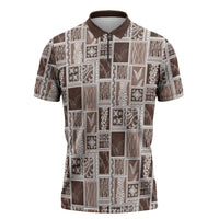 Vintage Aloha Block Quilt Zipper Polo Shirt Beige Inspired Lei Motifs LT9 Beige - Polynesian Pride