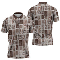 Vintage Aloha Block Quilt Zipper Polo Shirt Beige Inspired Lei Motifs LT9 - Polynesian Pride