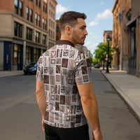 Vintage Aloha Block Quilt Zipper Polo Shirt Beige Inspired Lei Motifs LT9 - Polynesian Pride