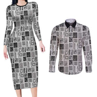 Vintage Aloha Block Quilt Couples Matching Long Sleeve Bodycon Dress and Long Sleeve Button Shirt Black Inspired Lei Motifs - Polynesian Pride