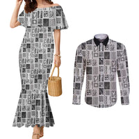 Vintage Aloha Block Quilt Couples Matching Mermaid Dress and Long Sleeve Button Shirt Black Inspired Lei Motifs LT9 Black - Polynesian Pride