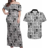 Vintage Aloha Block Quilt Couples Matching Off Shoulder Maxi Dress and Hawaiian Shirt Black Inspired Lei Motifs LT9 Black - Polynesian Pride
