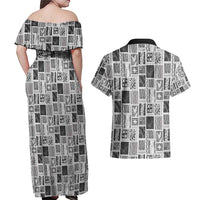 Vintage Aloha Block Quilt Couples Matching Off Shoulder Maxi Dress and Hawaiian Shirt Black Inspired Lei Motifs LT9 - Polynesian Pride