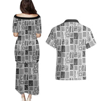 Vintage Aloha Block Quilt Couples Matching Puletasi and Hawaiian Shirt Black Inspired Lei Motifs LT9 - Polynesian Pride