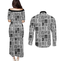 Vintage Aloha Block Quilt Couples Matching Puletasi and Long Sleeve Button Shirt Black Inspired Lei Motifs LT9 - Polynesian Pride