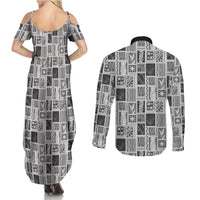 Vintage Aloha Block Quilt Couples Matching Summer Maxi Dress and Long Sleeve Button Shirt Black Inspired Lei Motifs LT9 - Polynesian Pride