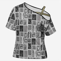 Vintage Aloha Block Quilt Cross Shoulder Shirt Black Inspired Lei Motifs - Polynesian Pride