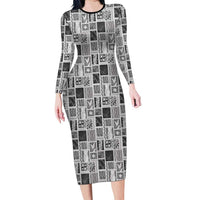 Vintage Aloha Block Quilt Family Matching Long Sleeve Bodycon Dress and Hawaiian Shirt Black Inspired Lei Motifs LT9 Mom's Dress Black - Polynesian Pride