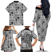 Vintage Aloha Block Quilt Family Matching Off The Shoulder Long Sleeve Dress and Hawaiian Shirt Black Inspired Lei Motifs LT9 - Polynesian Pride