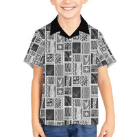 Vintage Aloha Block Quilt Family Matching Off Shoulder Short Dress and Hawaiian Shirt Black Inspired Lei Motifs - Polynesian Pride