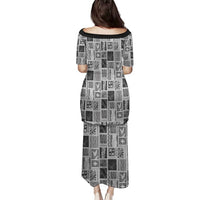 Vintage Aloha Block Quilt Family Matching Puletasi and Hawaiian Shirt Black Inspired Lei Motifs - Polynesian Pride