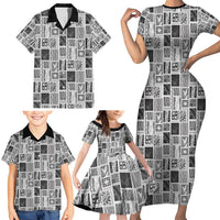 Vintage Aloha Block Quilt Family Matching Short Sleeve Bodycon Dress and Hawaiian Shirt Black Inspired Lei Motifs - Polynesian Pride