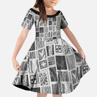 Vintage Aloha Block Quilt Family Matching Summer Maxi Dress and Hawaiian Shirt Black Inspired Lei Motifs LT9 Daughter's Dress Black - Polynesian Pride