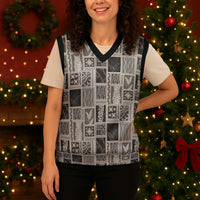 Vintage Aloha Block Quilt Christmas Knitted V-Neck Vest Black Inspired Lei Motifs - Polynesian Pride