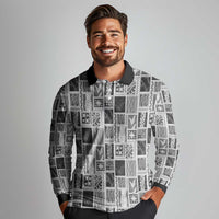 Vintage Aloha Block Quilt Long Sleeve Polo Shirt Black Inspired Lei Motifs LT9 - Polynesian Pride