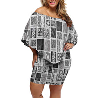 Vintage Aloha Block Quilt Off Shoulder Short Dress Black Inspired Lei Motifs - Polynesian Pride