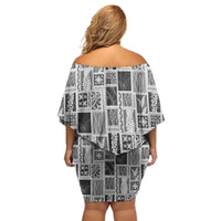 Vintage Aloha Block Quilt Off Shoulder Short Dress Black Inspired Lei Motifs - Polynesian Pride