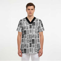 Vintage Aloha Block Quilt Scrub Top Black Inspired Lei Motifs LT9 - Polynesian Pride