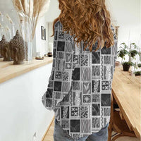 Vintage Aloha Block Quilt Women Casual Shirt Black Inspired Lei Motifs LT9 - Polynesian Pride