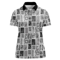 Vintage Aloha Block Quilt Women Polo Shirt Black Inspired Lei Motifs LT9 Female Black - Polynesian Pride