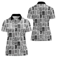 Vintage Aloha Block Quilt Women Polo Shirt Black Inspired Lei Motifs LT9 - Polynesian Pride