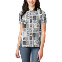 Vintage Aloha Block Quilt Women Polo Shirt Black Inspired Lei Motifs - Polynesian Pride