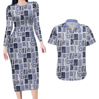 Vintage Aloha Block Quilt Couples Matching Long Sleeve Bodycon Dress and Hawaiian Shirt Blue Inspired Lei Motifs - Polynesian Pride