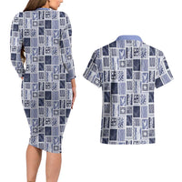 Vintage Aloha Block Quilt Couples Matching Long Sleeve Bodycon Dress and Hawaiian Shirt Blue Inspired Lei Motifs - Polynesian Pride