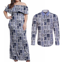 Vintage Aloha Block Quilt Couples Matching Off Shoulder Maxi Dress and Long Sleeve Button Shirt Blue Inspired Lei Motifs LT9 Blue - Polynesian Pride