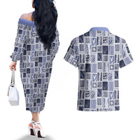 Vintage Aloha Block Quilt Couples Matching Off The Shoulder Long Sleeve Dress and Hawaiian Shirt Blue Inspired Lei Motifs - Polynesian Pride