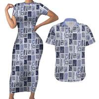 Vintage Aloha Block Quilt Couples Matching Short Sleeve Bodycon Dress and Hawaiian Shirt Blue Inspired Lei Motifs - Polynesian Pride
