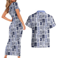Vintage Aloha Block Quilt Couples Matching Short Sleeve Bodycon Dress and Hawaiian Shirt Blue Inspired Lei Motifs - Polynesian Pride